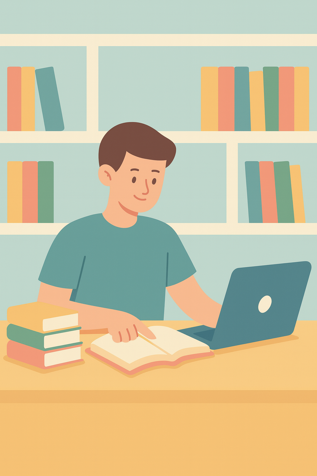 Student studying in a library, writing a psychology argumentative essay with a laptop and an open book on the desk.