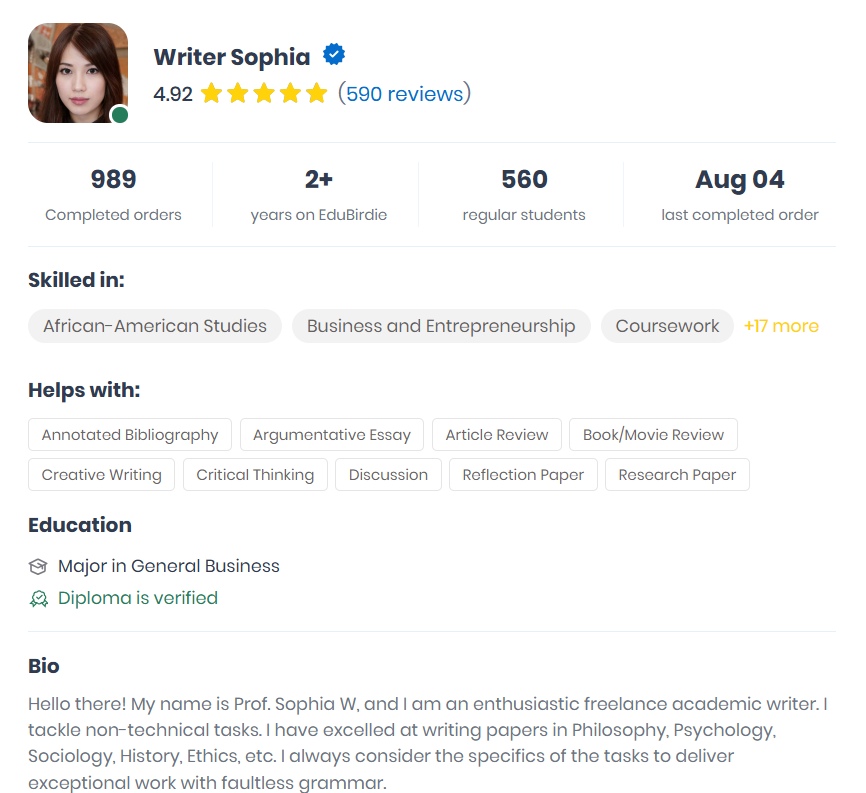Portrait of Writer Sophia, academic writer